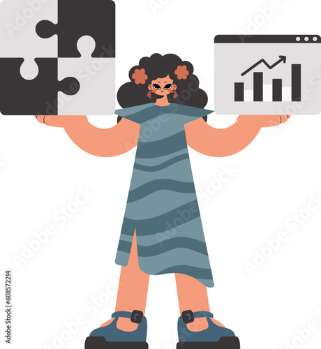 The youthful woman is holding a befuddle and a positive headway chart. Thought collect work. Kept. Trendy style, Vector Illustration