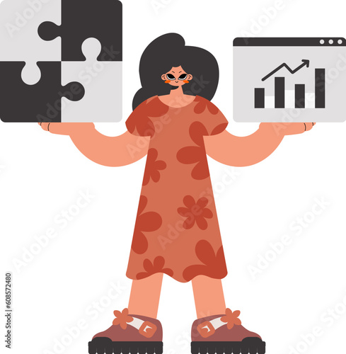The lively woman is holding a overpower and a positive headway chart. Thought collect work. Kept. Trendy style, Vector Illustration