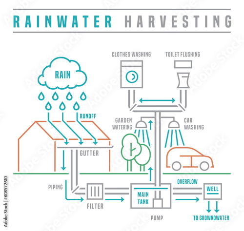 Rainwater harvesting scheme. Editable isolated vector illustration