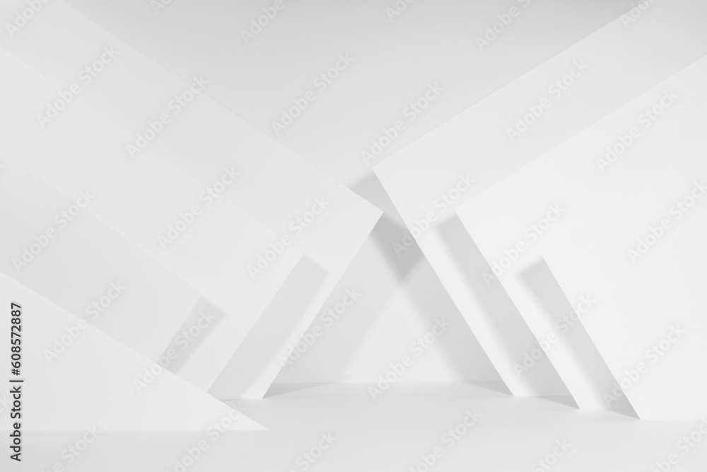 White abstract interior in modern geometric urban simple style with soft light stripes and angles in hard light with shadow, mockup for presentation cosmetic products, goods, design. White abstract interior in modern geometric urban simple style with soft light stripes and angles in hard light with shadow, mockup for presentation cosmetic products, goods, design.