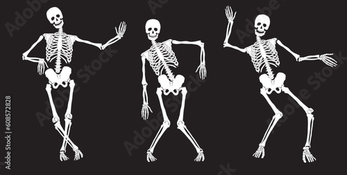 White drunk skeletons on black. Set #2. Vector