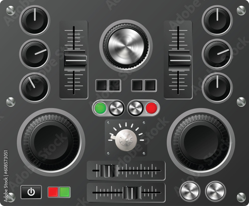 Mixing desk production sound or video desk console sliders, buttons, knobs and switches
