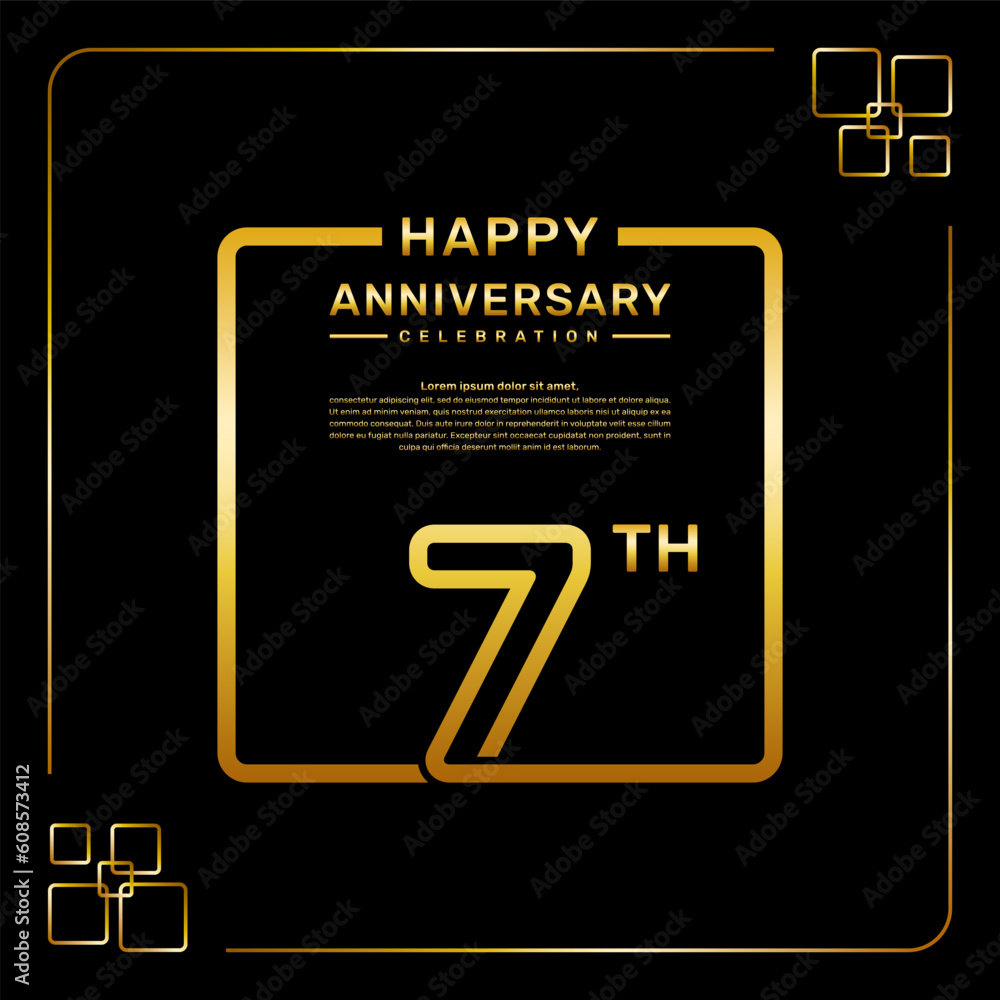 7 year anniversary celebration logo in golden color, square style, vector template illustration