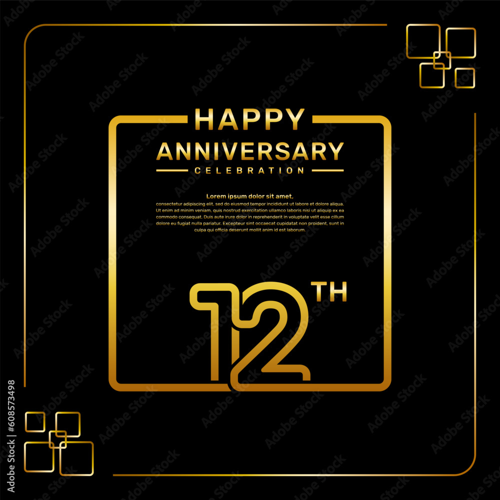12 year anniversary celebration logo in golden color, square style, vector template illustration