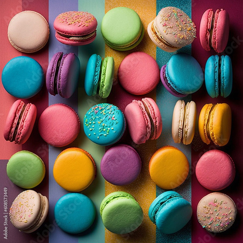 Cakes macaron or macaroon on striped background, colorful vibrant almond cookies, brightl colors.