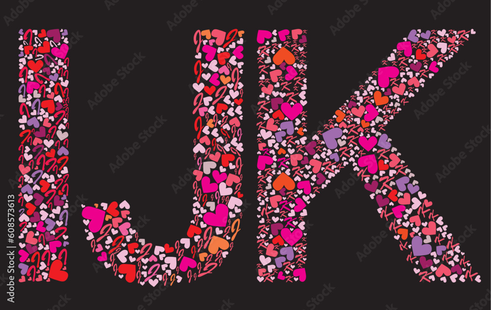 Letter I, J, K. Valentine alphabet set with heart. Vector font.