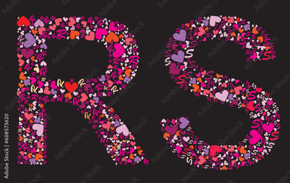 Letter R, S. Valentine alphabet set with heart. Vector font.