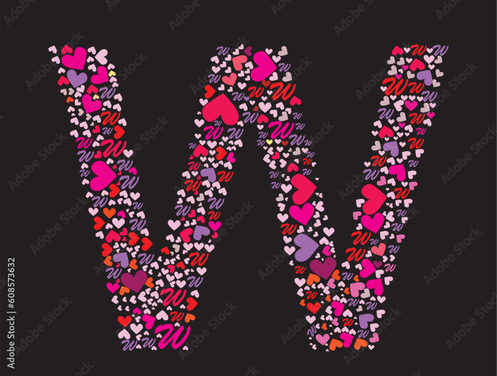 Letter W. Valentine alphabet set with heart. Vector font.