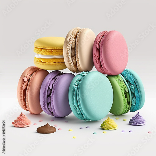 Cakes macaron or macaroon stack on light background, colorful vibrant almond cookies, bright colors.