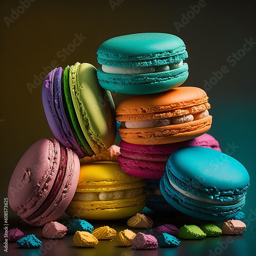 Cakes macaron or macaroon stack on dark background, colorful vibrant almond cookies, bright colors.
