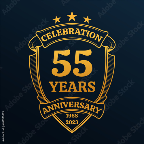 55 years anniversary icon or logo. 55th yubilee celebration, business company birthday badge or label. Vintage banner with shield and ribbon. Wedding, invitation design element. Vector illustration. photo