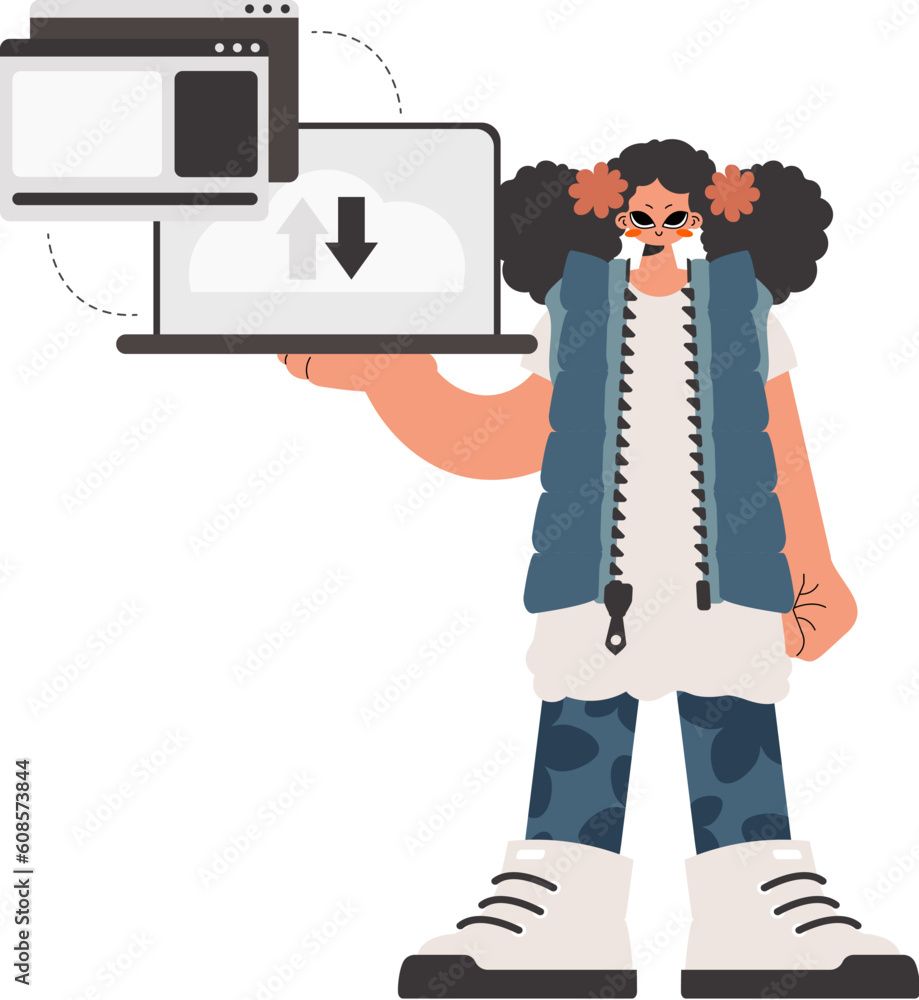 The energized lady is holding a tablet in which information is being synchronized. Confined. Trendy style, Vector Illustration The energized lady is holding a tablet in which information is being synchronized. Confined. Trendy style, Vector Illustration