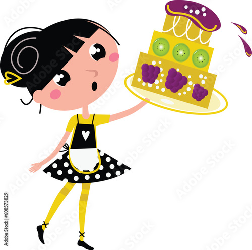 Cute retro girl holding Cake. Vector cartoon illustration