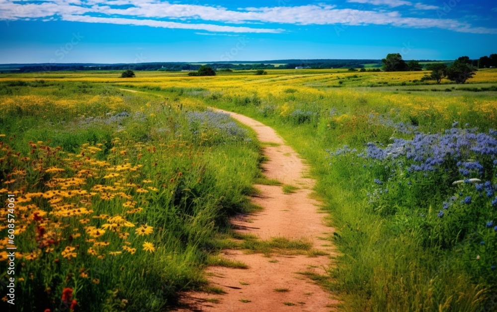 Fototapeta premium A Journey through Nature's Canvas: Exploring a Vibrant Field via a Tranquil Pathway, Generative AI