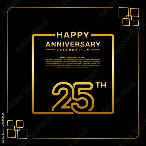 25 year anniversary celebration logo in golden color, square style, vector template illustration