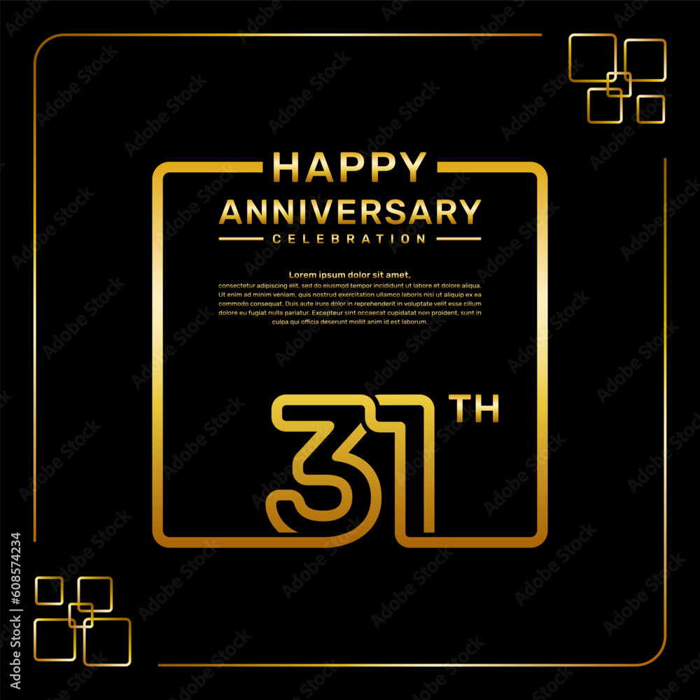 31 year anniversary celebration logo in golden color, square style, vector template illustration