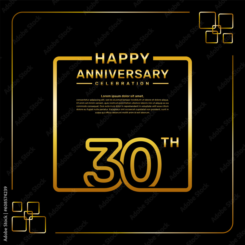 30 year anniversary celebration logo in golden color, square style, vector template illustration
