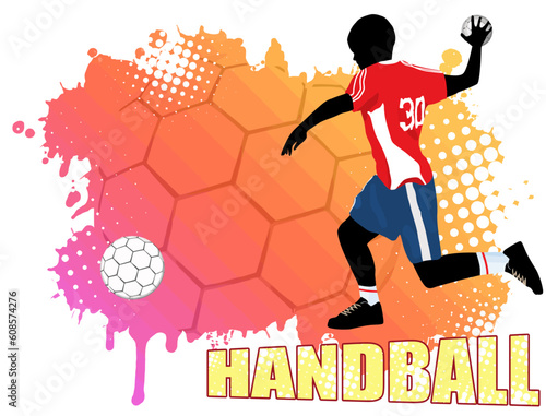 Handball action player on grunge poster background, vector illustration
