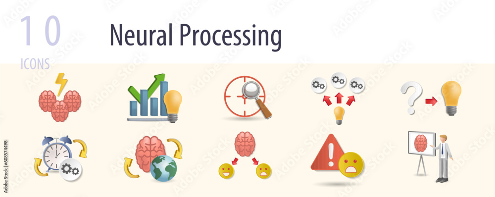 Neural processing set. Creative icons: brainstorming, solutions, focus, skill, solve the problem, experience, global thinking, emotion, failure, psychology.