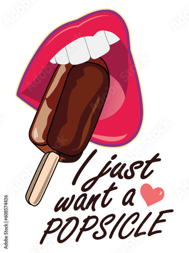 I just want a popsicle sticks. Woman open mouth eating ice cream. Ice cream sweet flavors and delicious. Vector illustration for text poster design shop and banner.