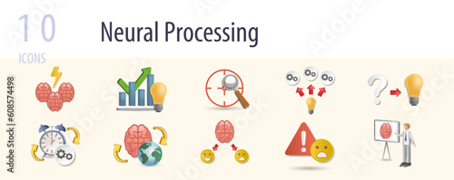 Neural processing set. Creative icons: brainstorming, solutions, focus, skill, solve the problem, experience, global thinking, emotion, failure, psychology.