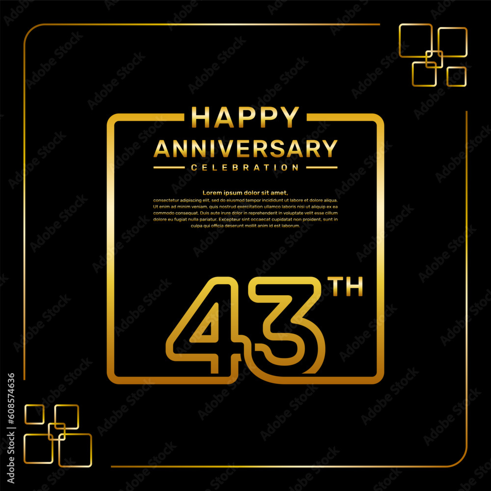 43 year anniversary celebration logo in golden color, square style, vector template illustration