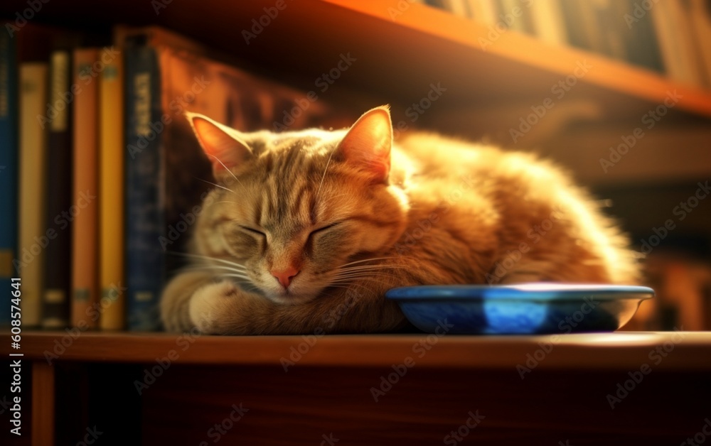 Cozy Cat Dreams: Adorable Feline Sleeping on a Rustic Wooden Bookshelf - A Perfect Wallpaper for Cat Lovers and Bookworms, Generative AI