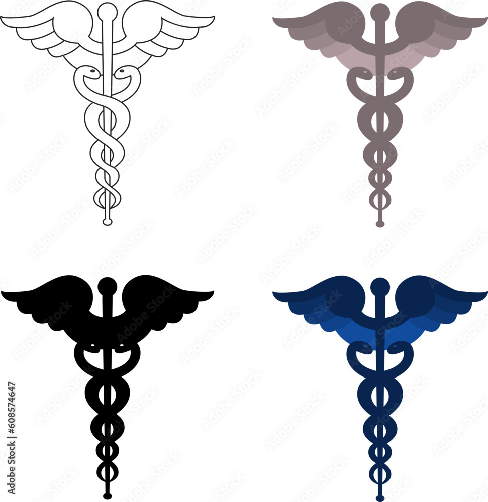 Four versions of caduceus, an outline, black, gray and blue. Four versions of caduceus, an outline, black, gray and blue.