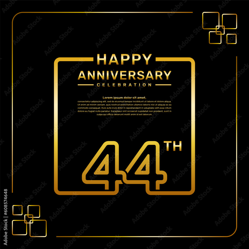 44 year anniversary celebration logo in golden color, square style, vector template illustration 44 year anniversary celebration logo in golden color, square style, vector template illustration