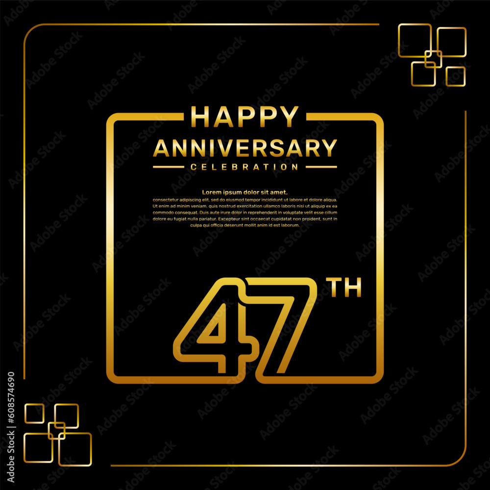 47 year anniversary celebration logo in golden color, square style, vector template illustration