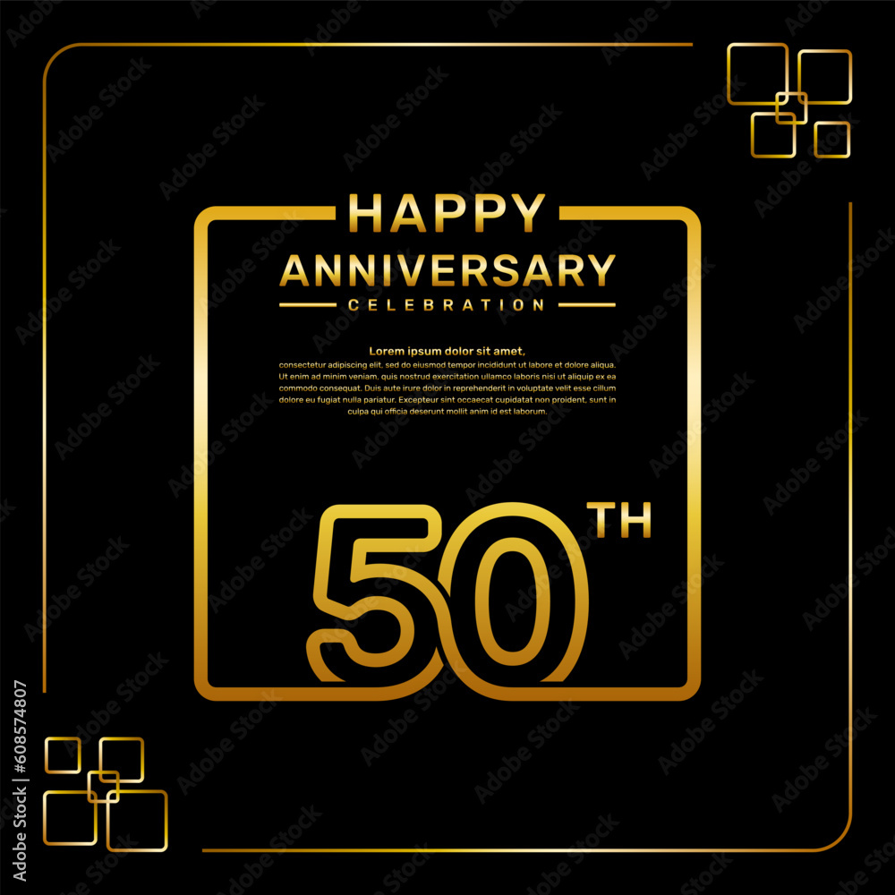 50 year anniversary celebration logo in golden color, square style, vector template illustration