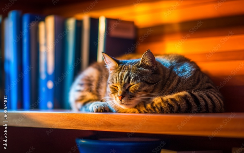 Cozy Cat Dreams: Adorable Feline Sleeping on a Rustic Wooden Bookshelf ...