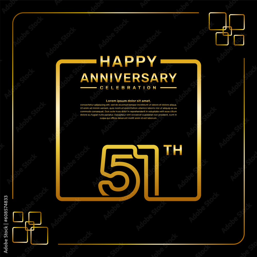 51 year anniversary celebration logo in golden color, square style, vector template illustration