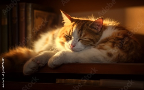 Cozy Cat Dreams: Adorable Feline Sleeping on a Rustic Wooden Bookshelf - A Perfect Wallpaper for Cat Lovers and Bookworms, Generative AI © junseok