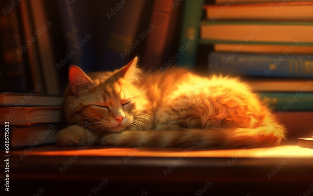 Cozy Cat Dreams: Adorable Feline Sleeping on a Rustic Wooden Bookshelf - A Perfect Wallpaper for Cat Lovers and Bookworms, Generative AI Cozy Cat Dreams: Adorable Feline Sleeping on a Rustic Wooden Bookshelf - A Perfect Wallpaper for Cat Lovers and Bookworms, Generative AI