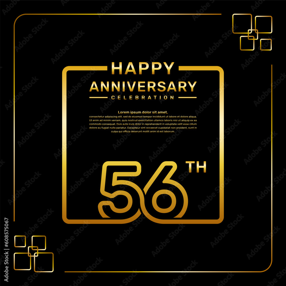 56 year anniversary celebration logo in golden color, square style, vector template illustration