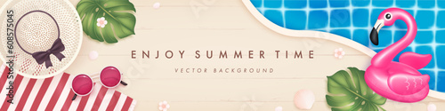 Summer horizontal banner with realistic swimming pool, hat, sunglasses and tropical leaves. Summer resort background. Vector illustration
