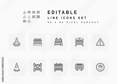 Road Barrier Includes Roadblock, Safety Cone, Construction Barricade, and Street Caution. Line Icons Set. Editable Stroke Vector Stock. 96 x 96 Pixel Perfect.