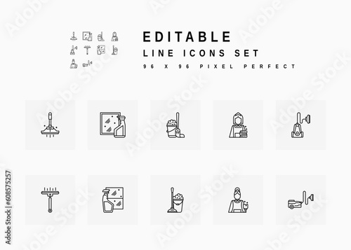 Cleaning Service Includes Squeegee, Window Spray, Mop Bucket, Maid, and Vacuum Cleaner. Line Icons Set. Editable Stroke Vector Stock. 96 x 96 Pixel Perfect.