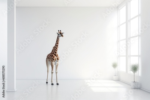 Giraffe in modern white room interior. Creative concept. Generative AI