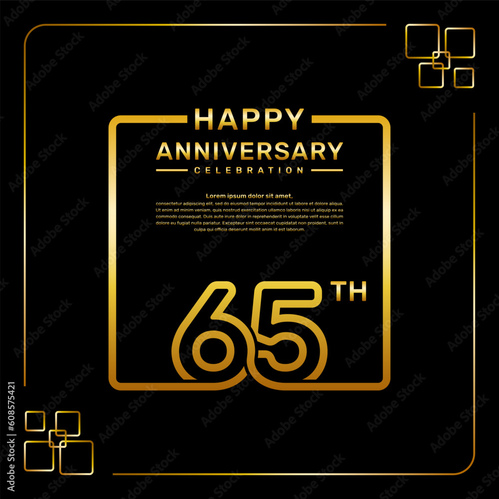 65 year anniversary celebration logo in golden color, square style, vector template illustration