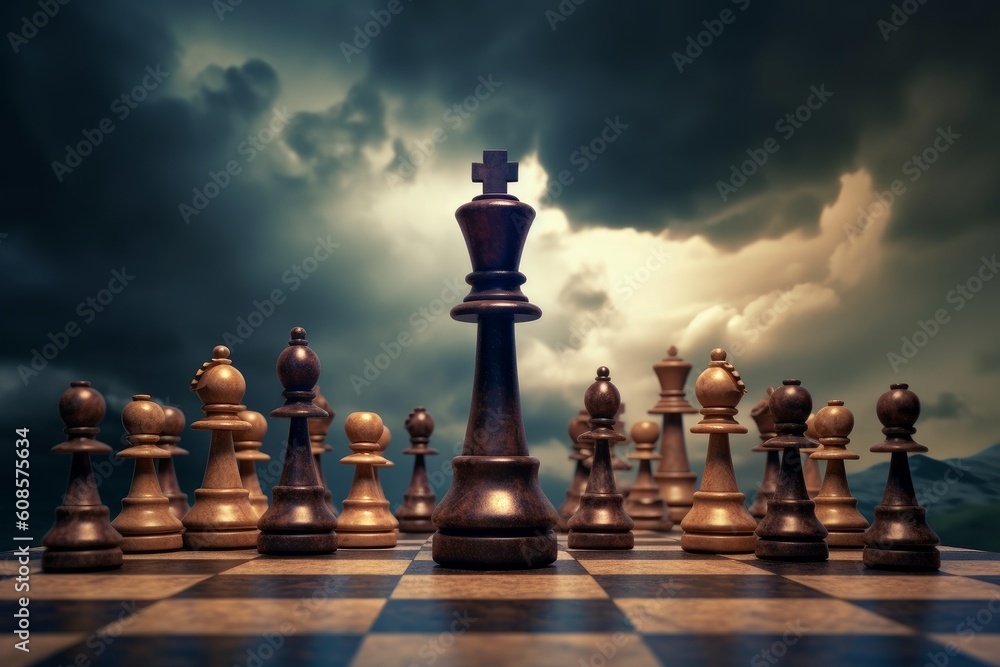King chess pieces stand on falling chess. Generative AI King chess pieces stand on falling chess. Generative AI