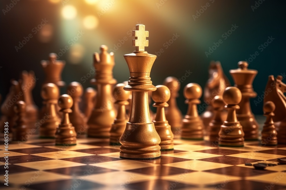 King chess pieces stand on falling chess. Generative AI King chess pieces stand on falling chess. Generative AI