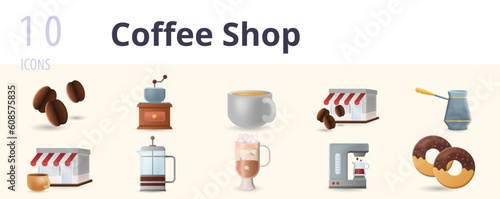 Coffee shop set. Creative icons: coffee beans, coffee grinder, cappuccino, coffee shop, turkish, coffee cafe, french press, iced coffee, coffee maker, donut.