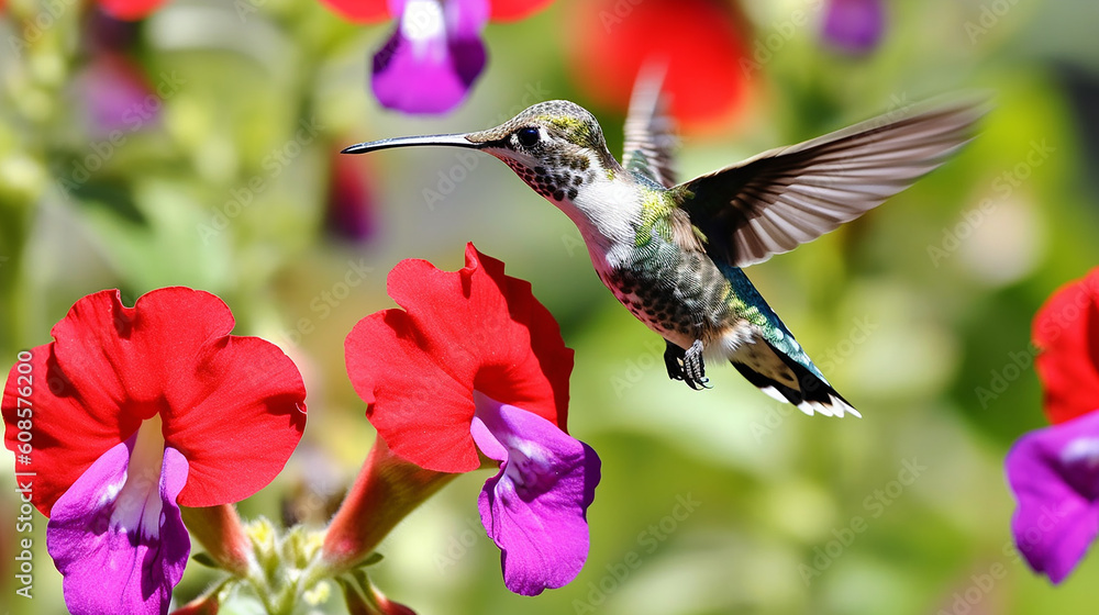 Fototapeta premium A hummingbird flies past red hibiscus flowers. Generative AI
