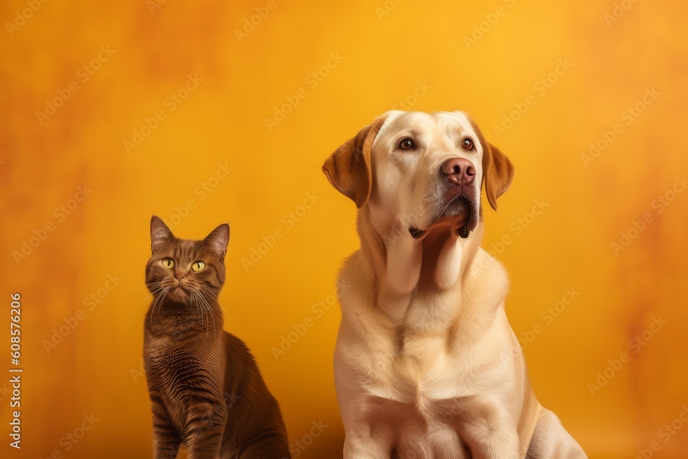 Labrador Retriever dog panting and ginger cat sitting. Generative AI Labrador Retriever dog panting and ginger cat sitting. Generative AI