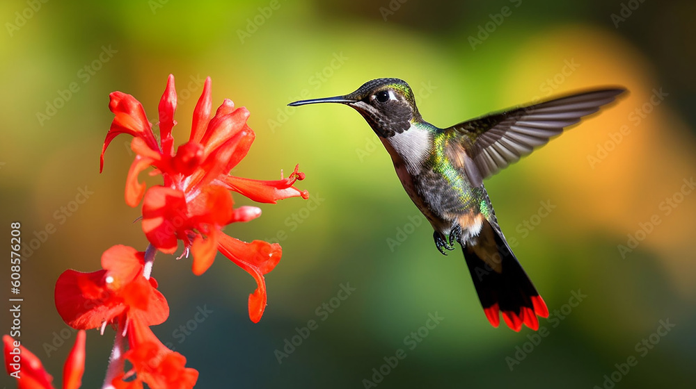 Fototapeta premium A hummingbird flies past red hibiscus flowers. Generative AI
