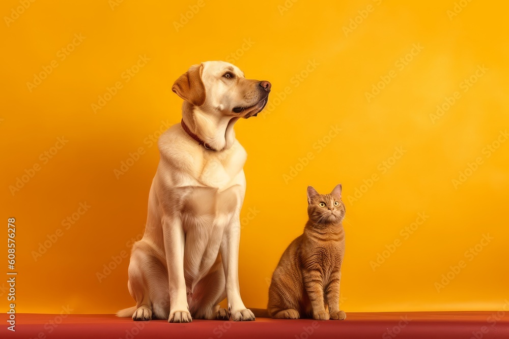 Labrador Retriever dog panting and ginger cat sitting. Generative AI