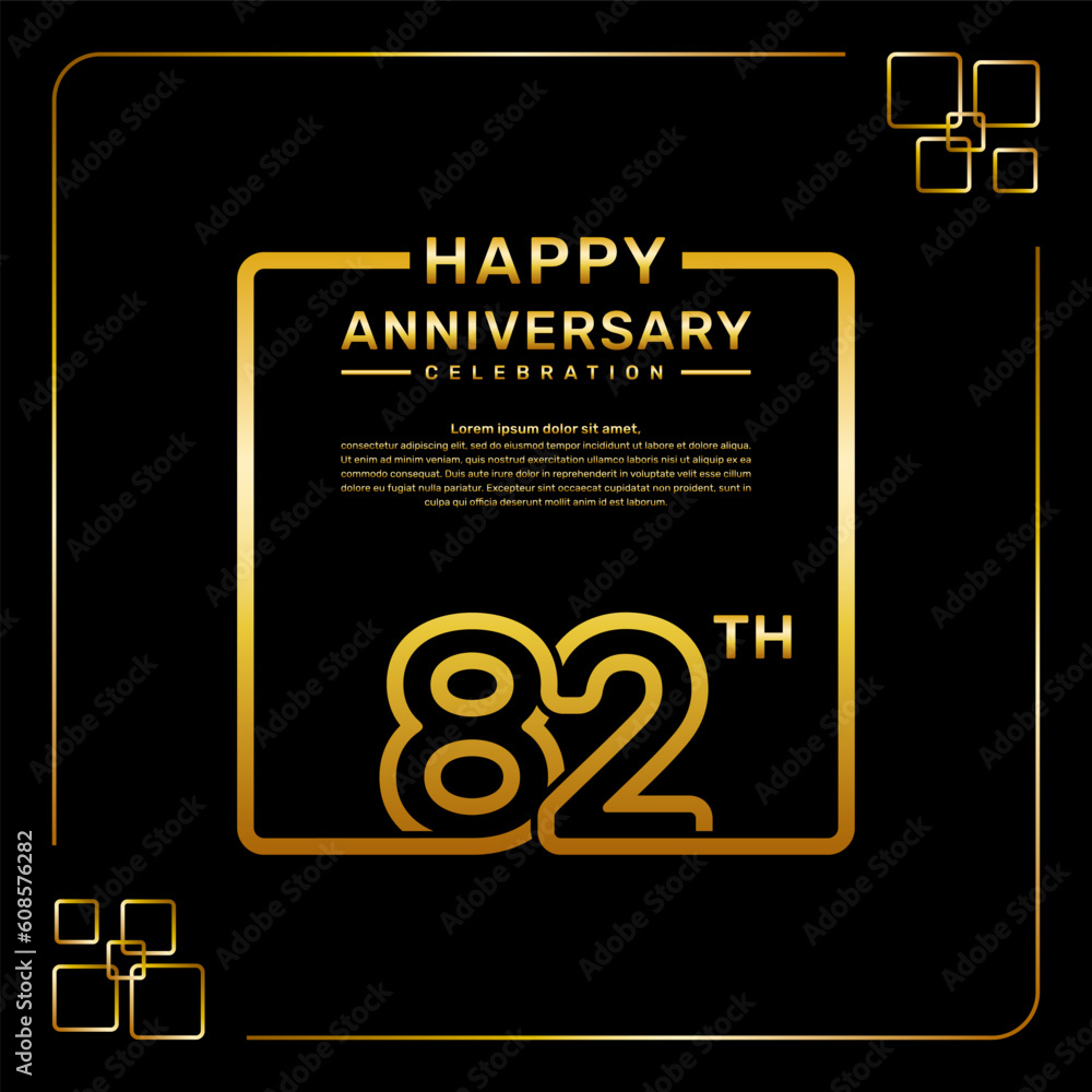 82 year anniversary celebration logo in golden color, square style, vector template illustration