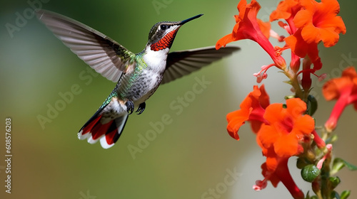 A hummingbird flies past red hibiscus flowers. Generative AI